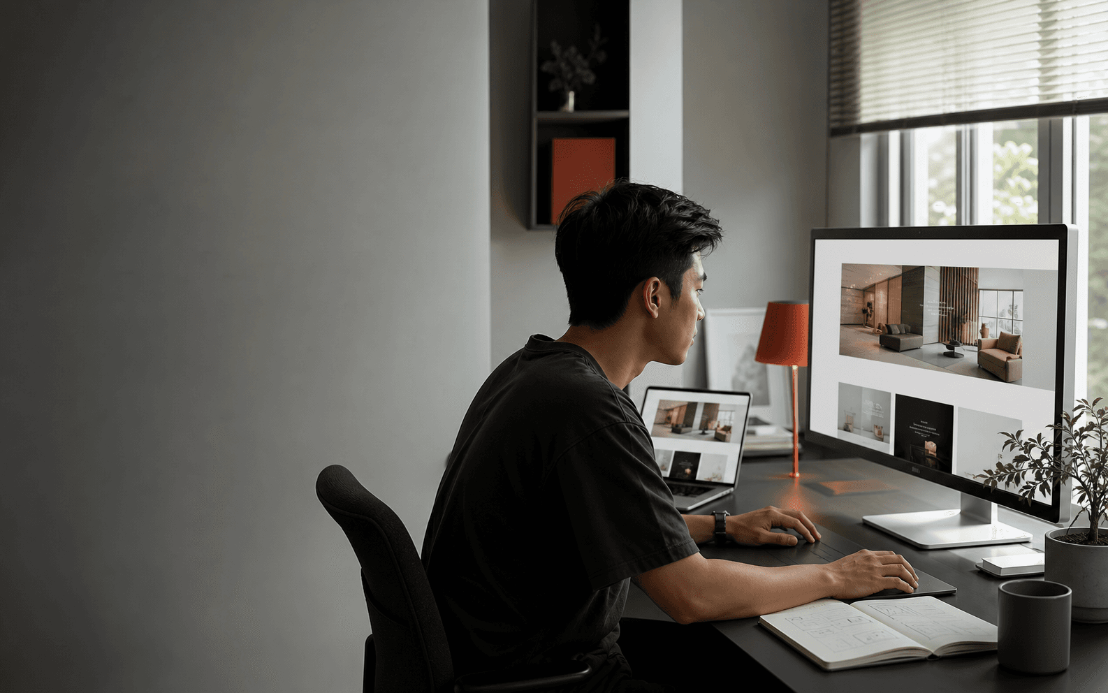 Nhà thiết kế KC Digital đang hoàn thiện website tại bàn làm việc